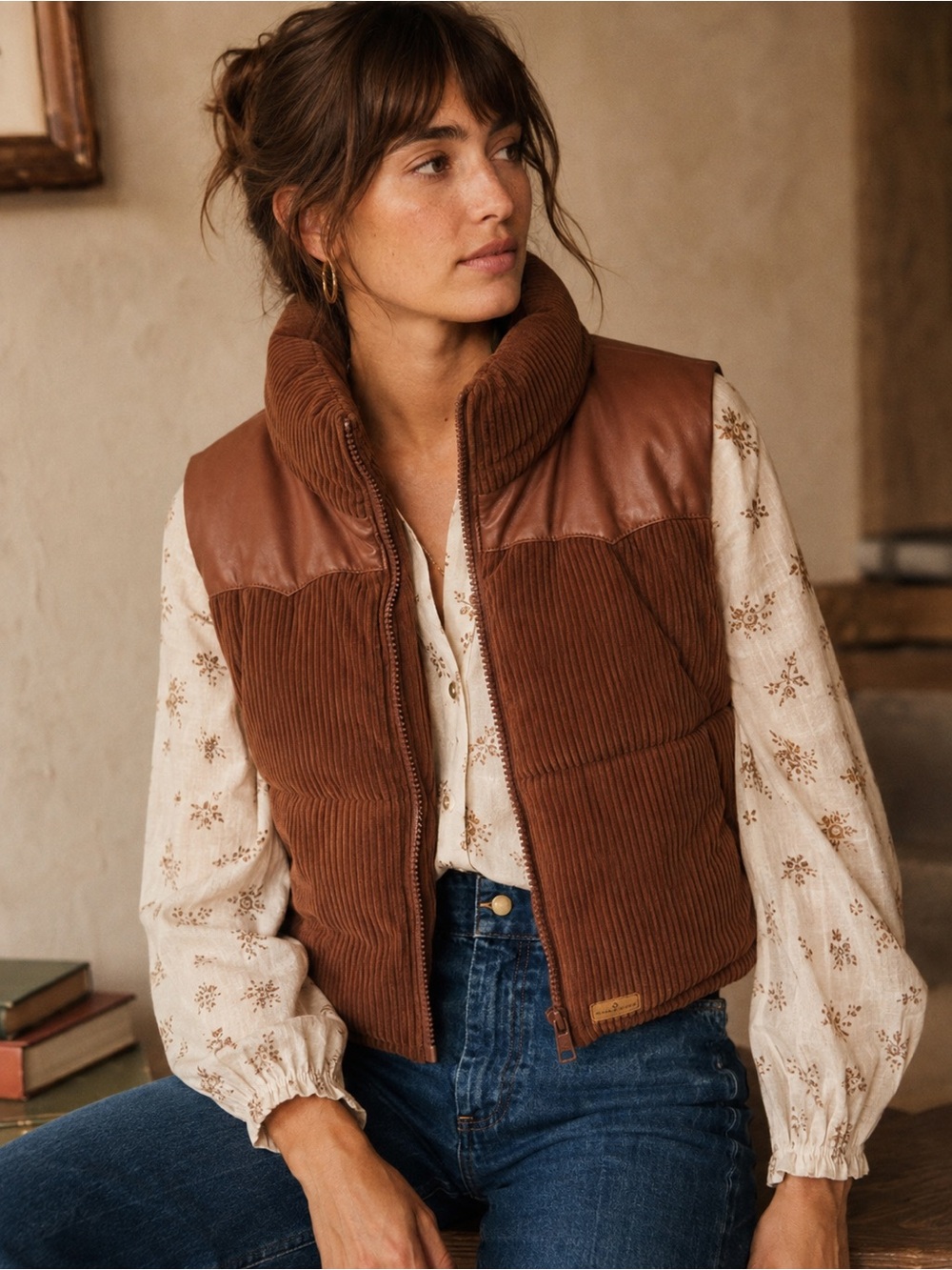 SIMPLY SOUTHERN Brown Corduroy Faux Leather Cropped Puffer Vest Large